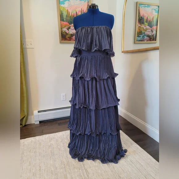 NWT MEXMY Elegant Navy Tiered Ruffled Chiffon Dress Size 16 - Picture 1 of 11